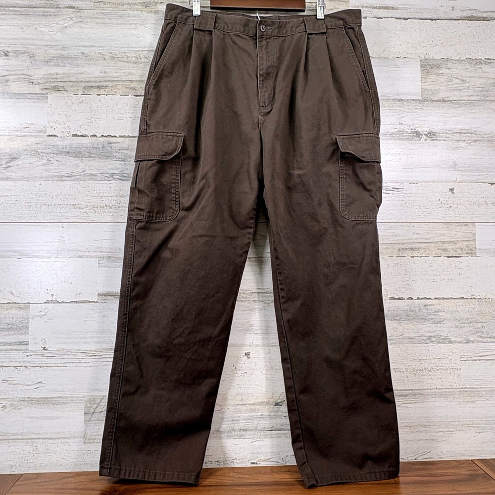 Lands End Pleated Cargo Pants Mens 38x30 Brown Pleated Twill Utility Gorpcore